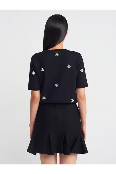 Dilvin 80121 Thick Pleated Knitwear Skirt with Elastic Waist-Black