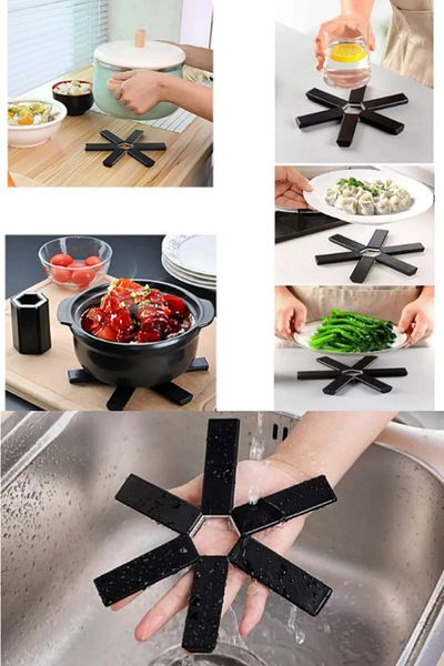 Yayke Collapsible Black Trivet Non-Slip Silicone Heat-Resistant Pot Pan Mat