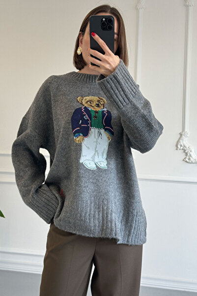 MAGARDE Anthracite Oversize Teddy Bear Printed Sweater