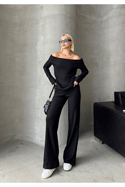 MODA Дамски комплект от черен трикотаж с яка и яка Мадона