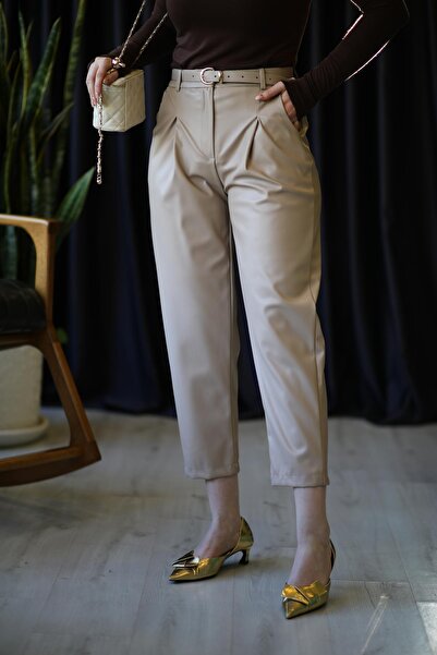 elif teke Beige Belted Leather Trousers