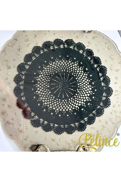 Home Epoxy Resin Lace Tray - Black Lace with Gold Stones - Diameter 30 cm