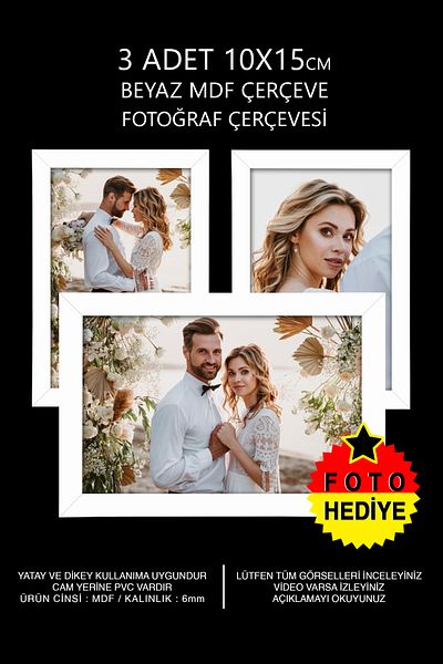 Bytwo 3 Pcs 10X15 White Frame Mdf Multi Photo Frame with Pvc - White Frame