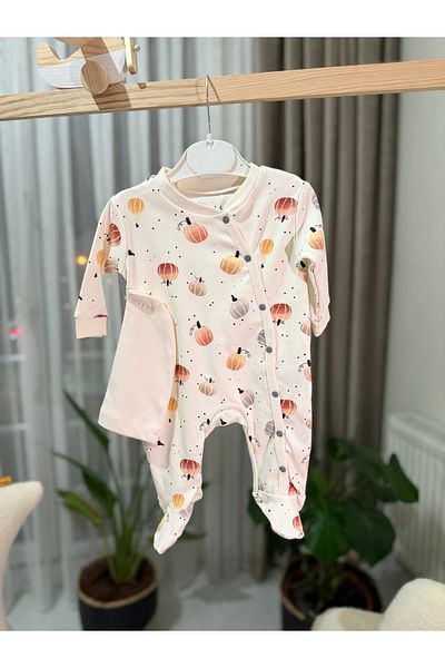 Minisse Honey Pumpkin Printed, 100% Organic Cotton Baby Bodysuit with Hat