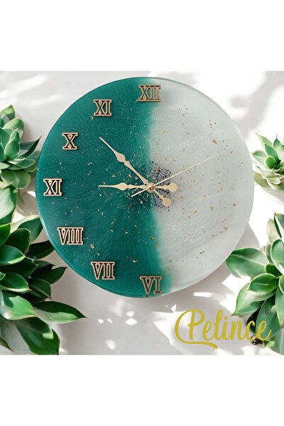 Home Epoksi Reçine Duvar Saati - Yarım Dantel Yeşil - Çap 30 Cm