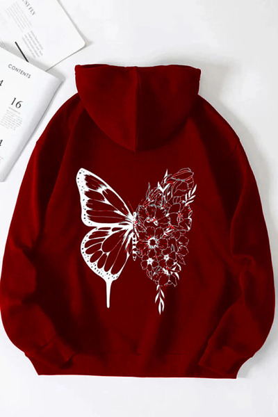 Kelebek Baskılı siyah Kapüşonlu Sweatshirt Hoodie