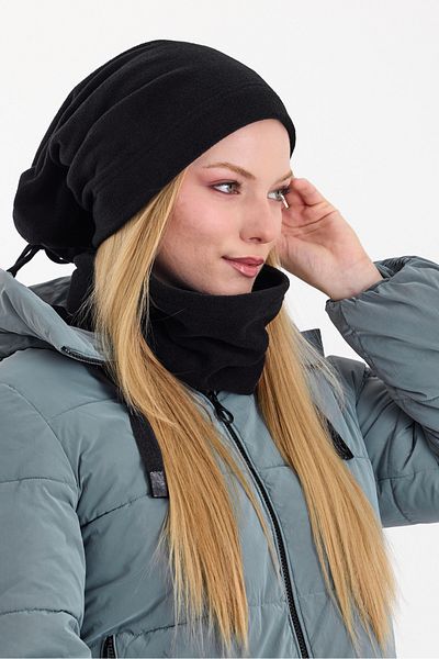 Butikgiz Women's Black 100% Micro Fleece Double Layer Winter's Coming Beanie Neck Collar Suit