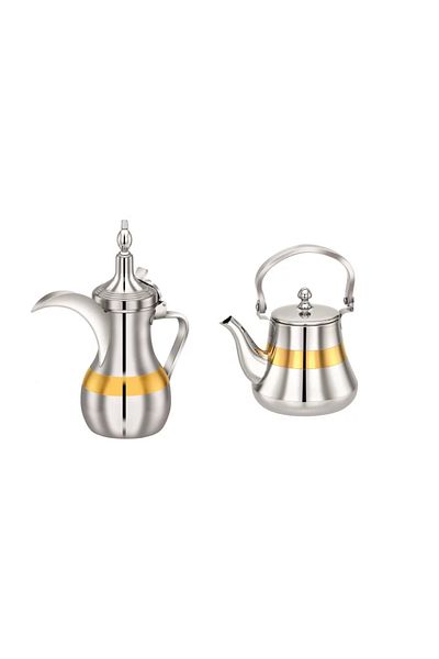 Bohara Indian steel teapot and dallah , Golden line, set medium