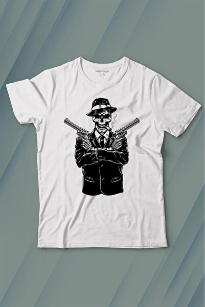 Kendim Seçtim Skeleton Gangster Revolveri Kostim Tabanca Štampano Majica za D...
