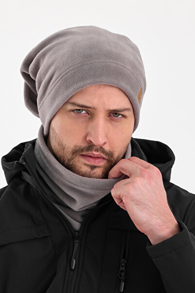 Butikgiz Erkek Gri %100 mikro Polar Çift Katlı Winter's coming Bere Boyunluk Takım