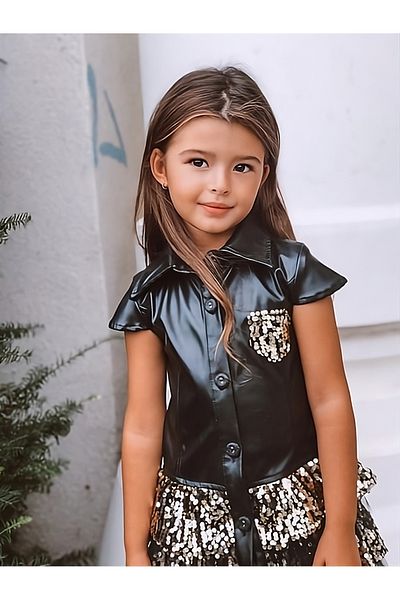 Hilal Akıncı Kids Girl's Sequin Tulle Design Leather Dress