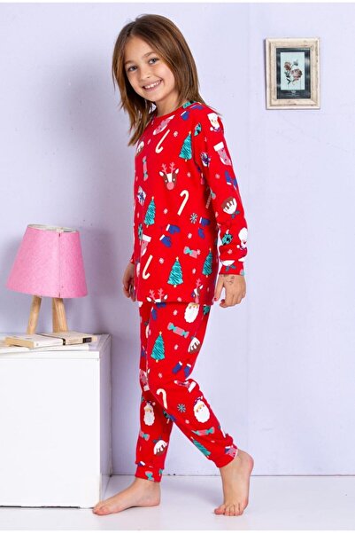 UmBaby Kız-Erkek Çocuk Kırmızı Yılbaşı Temalı Çam Ağacı Şeker Desenli Kışlık Pijama Takımı %100 Pamuk