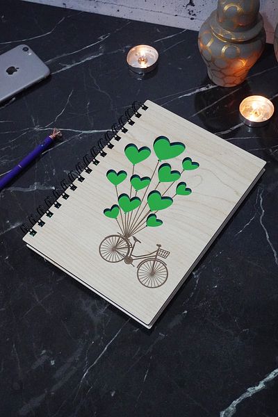 markcat Caiet din lemn cu model de balon pentru biciclete - Jurnal - Caiet necăptusit - Caiet de memorie - cadou Caiet școlar A5