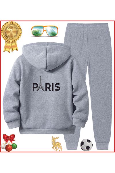 HOFFNUNG Σετ φόρμας μεγάλου μεγέθους με σχέδιο Paris Eiffel Tower - Full Hoodie
