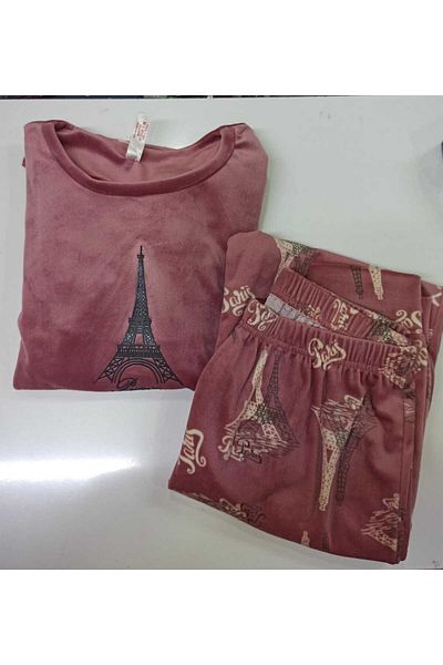 BAHHAR Women's Dried Rose French Velvet Pajama Set with Sleeves and Leg Cuffs