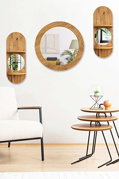 MONTESEV 3 lü Aynalı Duvar Rafı Seti Banyo Lavabo Aynası Dekoratif Ahşap Duvar Rafı Seti - 011E