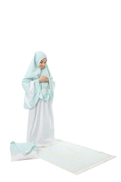 elanesa Mint Color Girl's Prayer Dress - 4 Pieces, Prayer Mat and Bag, Star Print and Belt Pattern