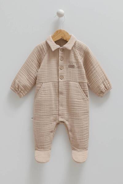 Caramell 01-09 Ay Kahve Renk Erkek Bebek Müslin Kumaş Tulum