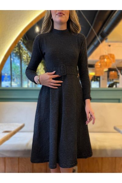 gelirr Women's Long Sleeve Turtleneck Belt Detail Soft Midi Dress