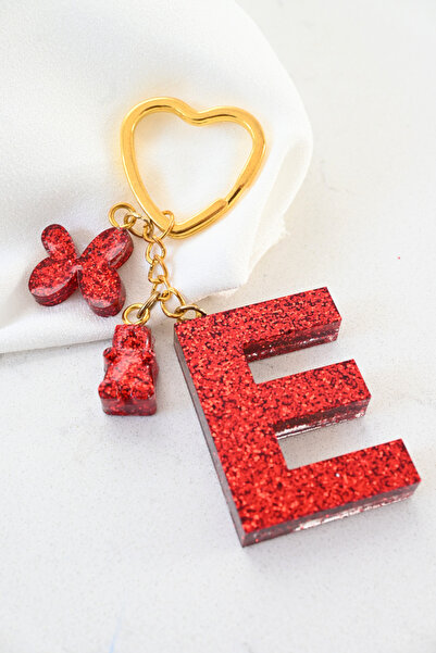 Frisson سلسلة مفاتيح على شكل حرف E من الإيبوكسي باللون الأحمر الفضي مع سلسلة ...