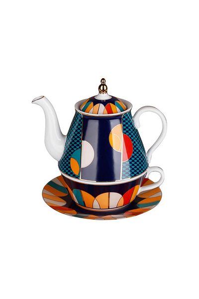 Lucky Art Leslie Bone Luckyart Porcelain - Geometric Pattern Single Teapot and Cup Set Lyhd 531