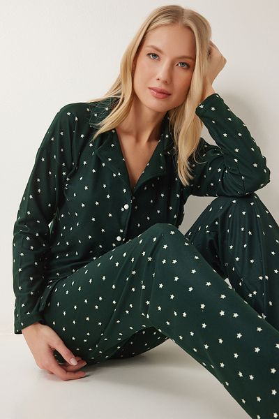 Lovelyİstanbul Set pijamale cămașă și pantaloni cu model tricotat - VERDE EMERAL LPQ0001