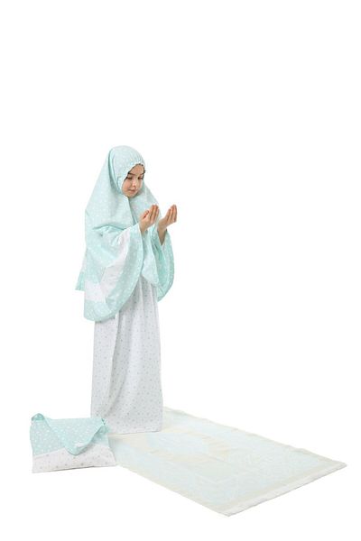 elanesa Mint Color Girl's Prayer Dress - 4 Pieces, Prayer Mat and Bag, Star Print and Belt Pattern