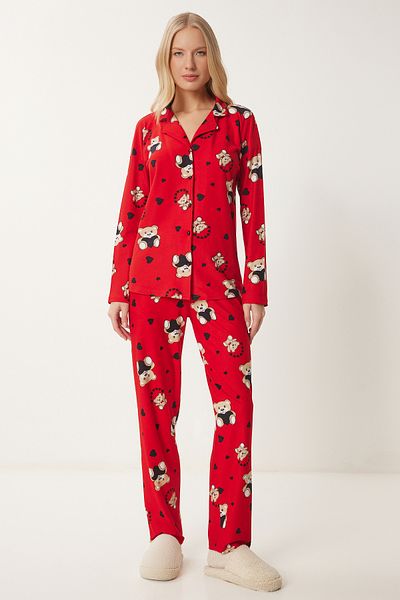 Lovelyİstanbul Red Knitted Pajamas Set - Teddy Bear Print Shirt and Pants Lpq0002