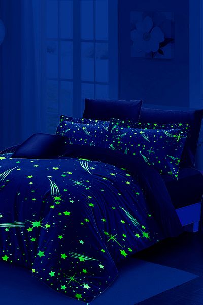 MonoHome Neon Phosphorescent Double Duvet Cover Set - 100% Cotton Satin, Elastic