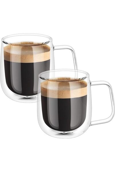 MİS KİTCHEN مجموعة أكواب لاتيه ماكياتو ذات الجدران المزدوجة مع 2 كوب قهوة بمق...