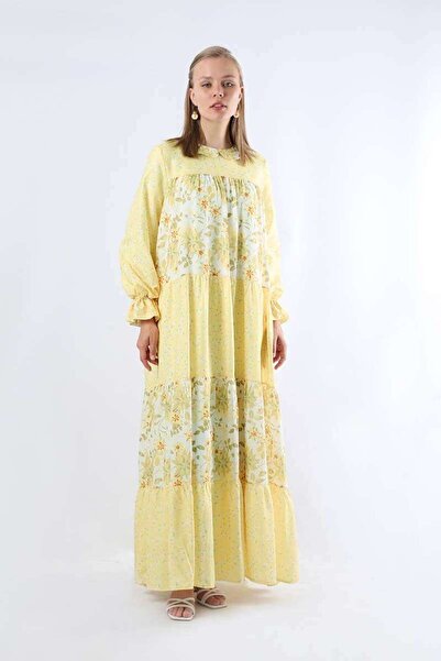 ZÜLAYS Çıtır Desenli Büzgülü Elbise Limon