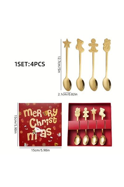 Home Christmas Themed Tea & Coffee - Set of 4 Boxed Stainless Steel Gold Spoons with 4 Different Figures