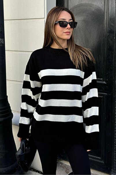 Seeh سترة بحرية مخططة باللون الأسود كبيرة الحجم - SH101