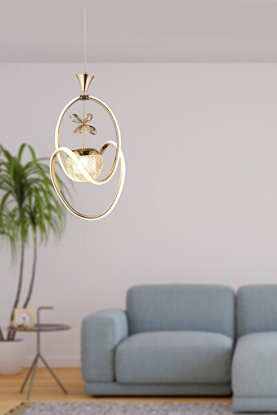 EY-EL TASARIM Badem Modern Sarkıt Led Avize 3 Renk Toplu Kelebek Taşlı Gold Kaplamalı