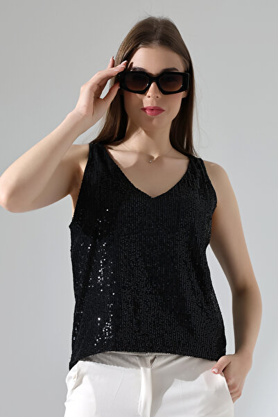 LOKADI Γυναικεία μπλούζα με παγιέτες V λαιμόκοψη