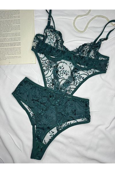 ROZENİN LINGERIE Body transparent cu sârmă, cu flori, brodate, verde smarald