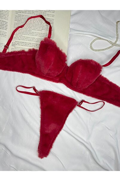 ROZENİN LINGERIE Kırmızı Yumuşak Dokulu Peluş Iç Çamaşır Takımı