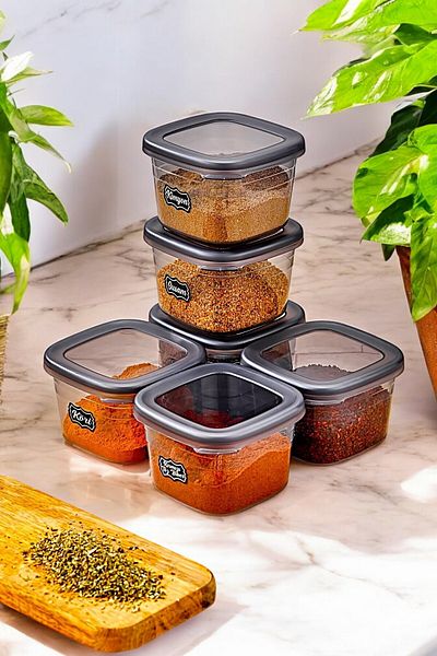 welcomein 6 Pieces Square Anthracite Labeled Spice Rack Set - 550 ml - 6 Pieces Square 0.55 Lt Label Gift
