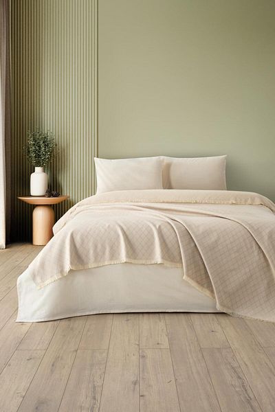 Denizli Concept Beige Lapis Double Bedspread & Pike - 100% Cotton - Multi-Purpose Patterned Bedspread