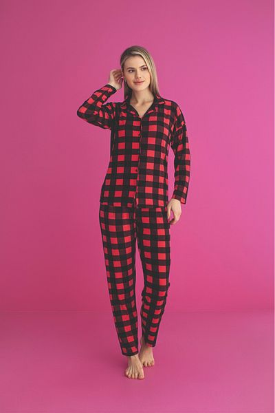 CALİA Set de pijamale cu mânecă lungă din microțesătură de lux cu nasturi în față pentru femei SEZONA NOUĂ