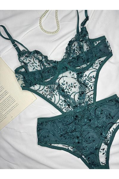 ROZENİN LINGERIE Body transparent cu sârmă, cu flori, brodate, verde smarald