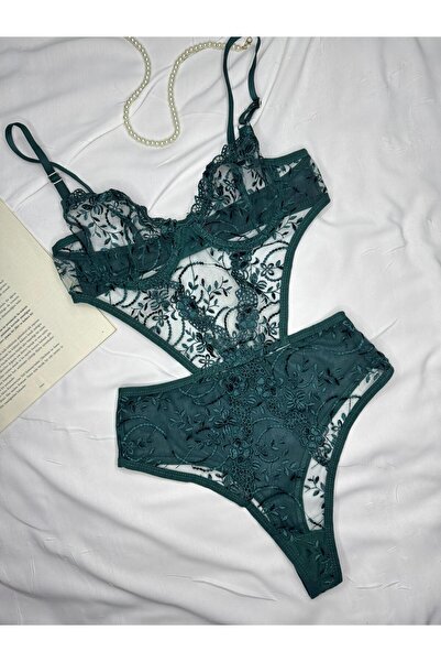 ROZENİN LINGERIE Σμαραγδένιο Πράσινο Δαντελένιο Μπροντέ Λουλουδάτο Μπλουζάκι Διαφανές Φορμάκι