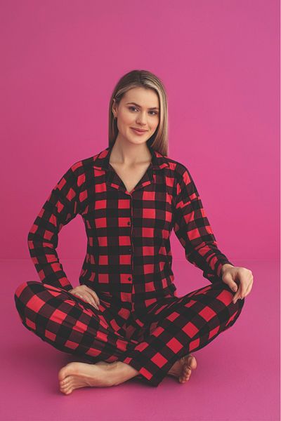 CALİA Set de pijamale cu mânecă lungă din microțesătură de lux cu nasturi în față pentru femei SEZONA NOUĂ