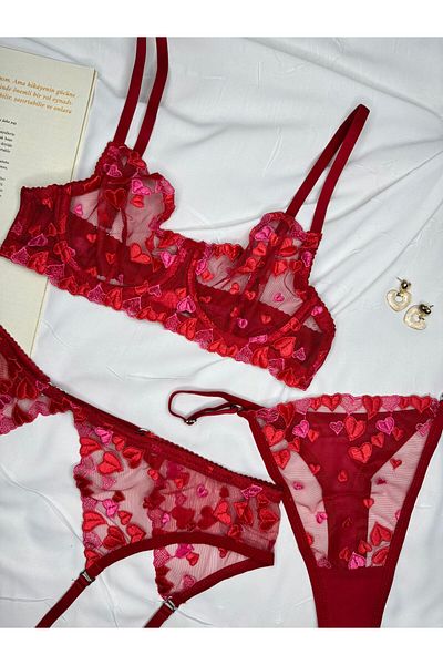 ROZENİN LINGERIE Red Heart Set of 3 Lace Bra Set
