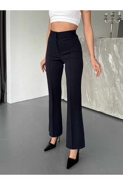 COMBİNE MİCHAİL Women's Navy Blue High Waist Slim-fit Flare Leg Palazzo Pants