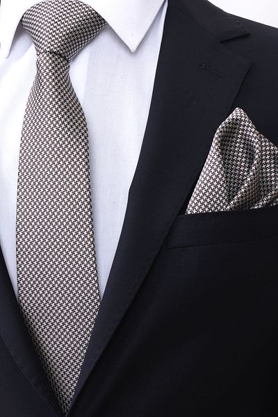Esgue Hand Made 7.5 cm Patterned Beige & Brown Tie & Handkerchief