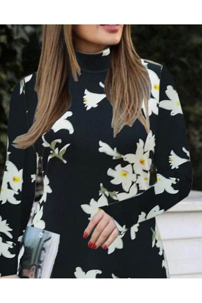Simala Rochie de damă cu mânecă lungă, cu imprimeu floral, creponată