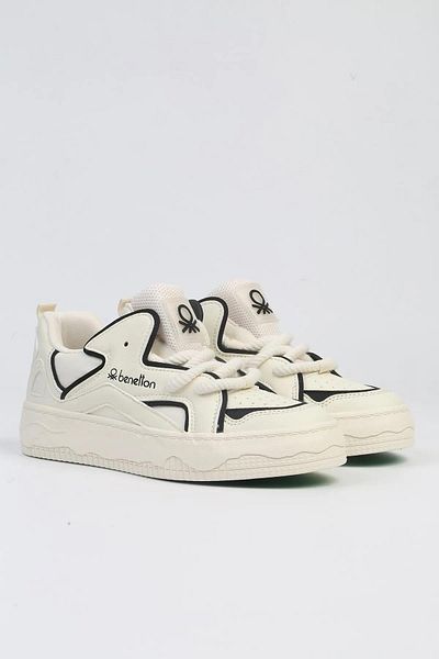 Benetton Pantofi sport de damă din piele importată de culoare crem - cu șireturi, casual Bnı10100