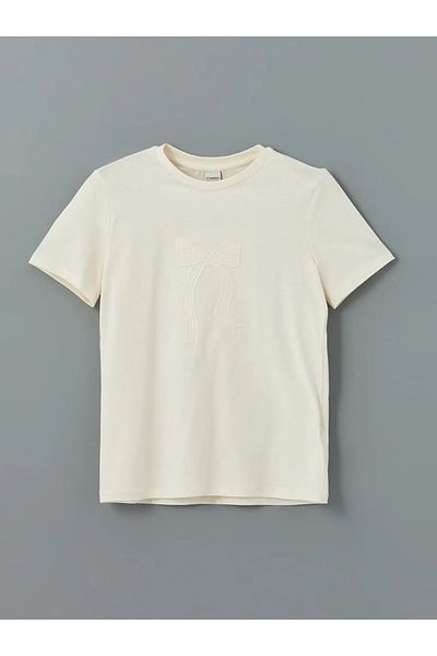 LC Waikiki LCW Kids Ecru Crew Neck Φιόγκο Κέντημα για κορίτσια T-shirt