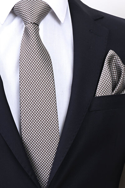 Esgue Hand Made 7.5 cm Patterned Beige & Brown Tie & Handkerchief